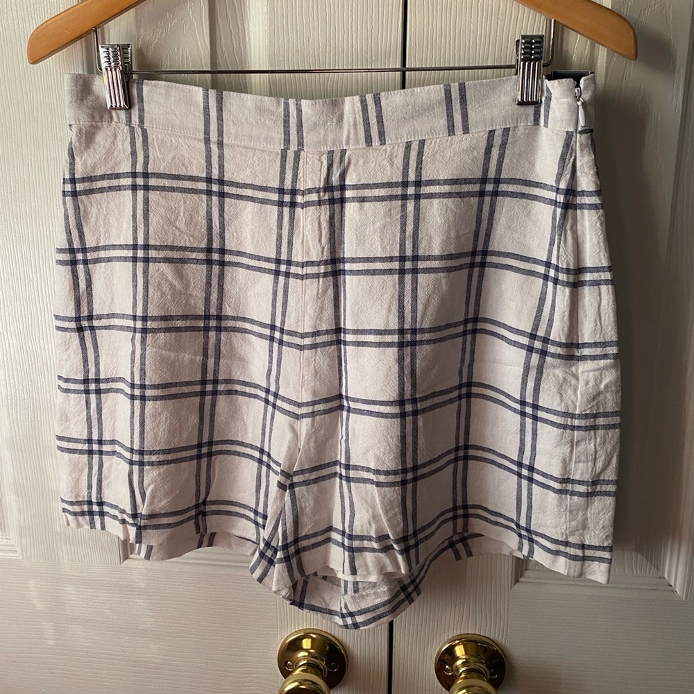🆕Abercrombie & Fitch Blue/White Windowpane Plaid Linen Blend High Rise Shorts M